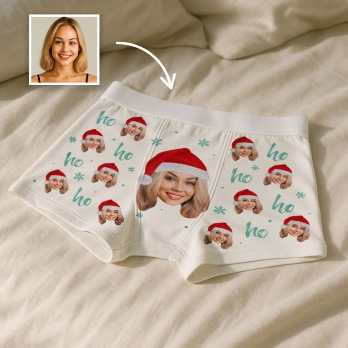 Personalisierbare Boxershorts mit Gesicht und Weihnachtsmütze