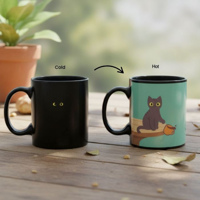 Temperaturempfindliche Tasse mit frechem Kätzchen